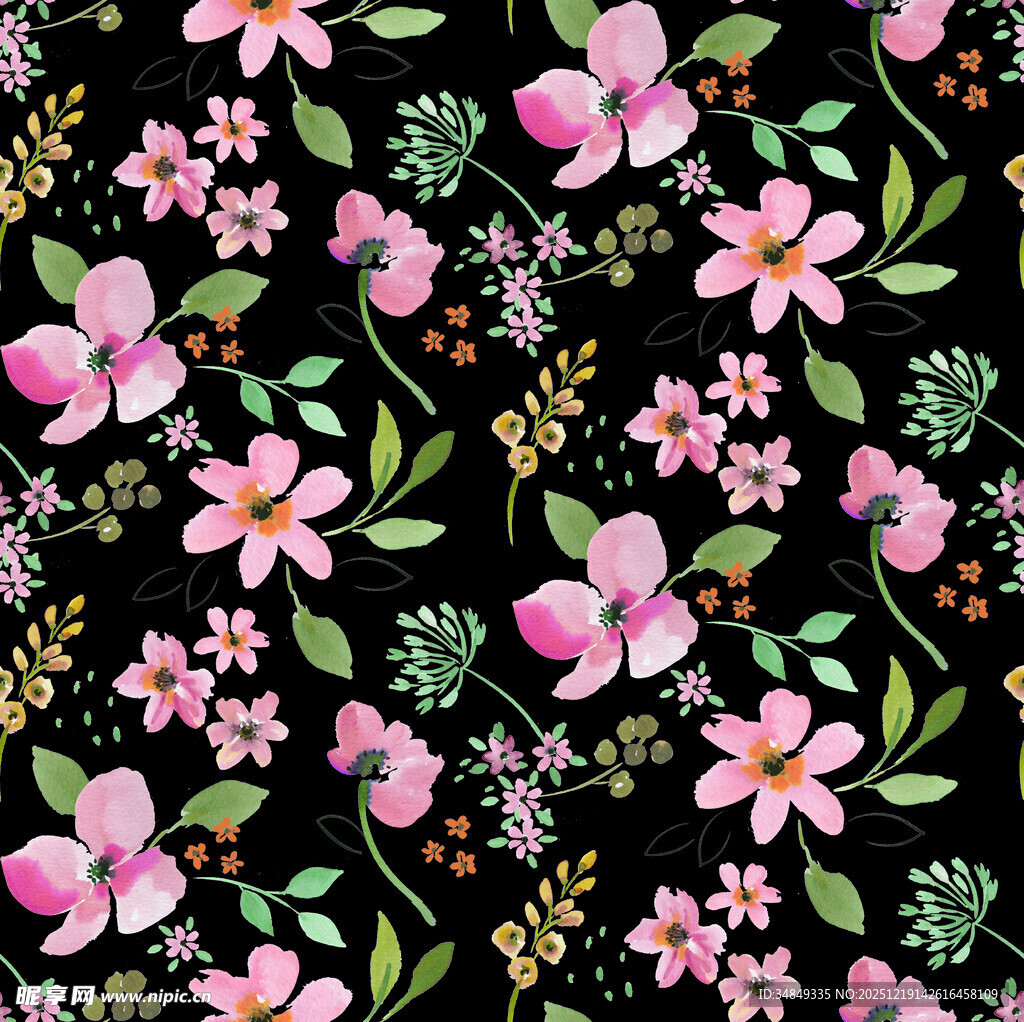 黑色背景上的缤纷花卉图案
