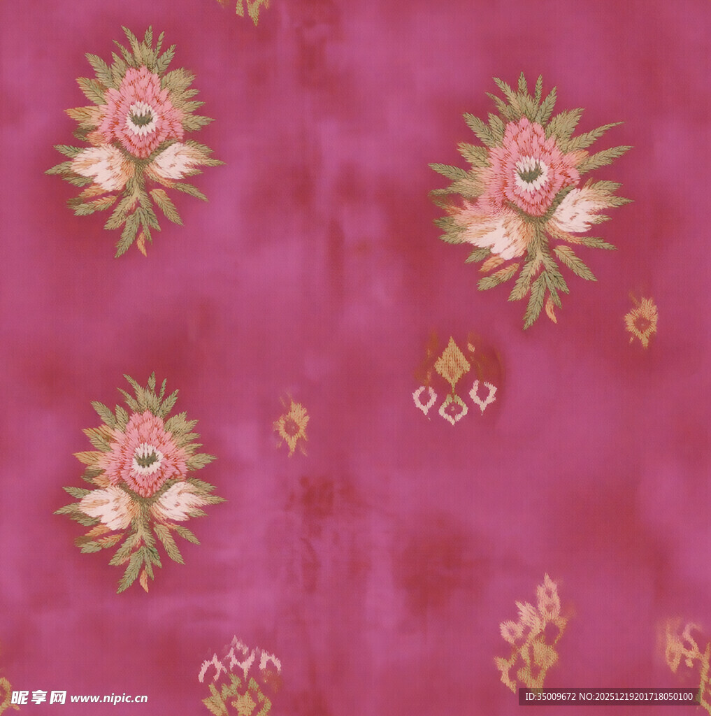 玫红色花卉图案精美布料