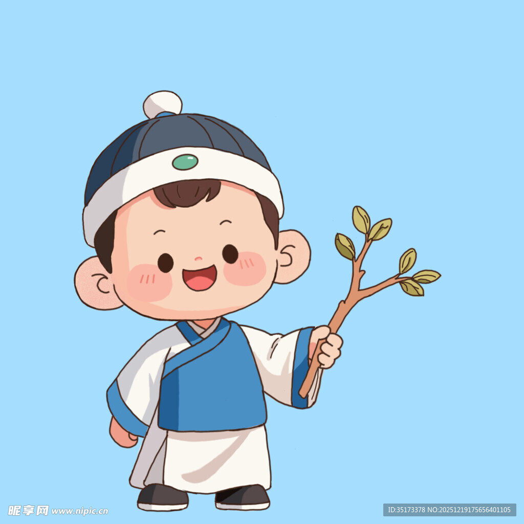古代萌娃手持树枝玩耍插画