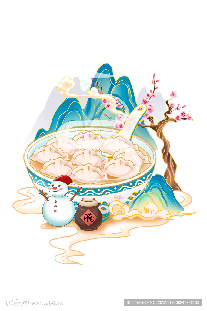 中国风冬季美食饺子雪人元素组合
