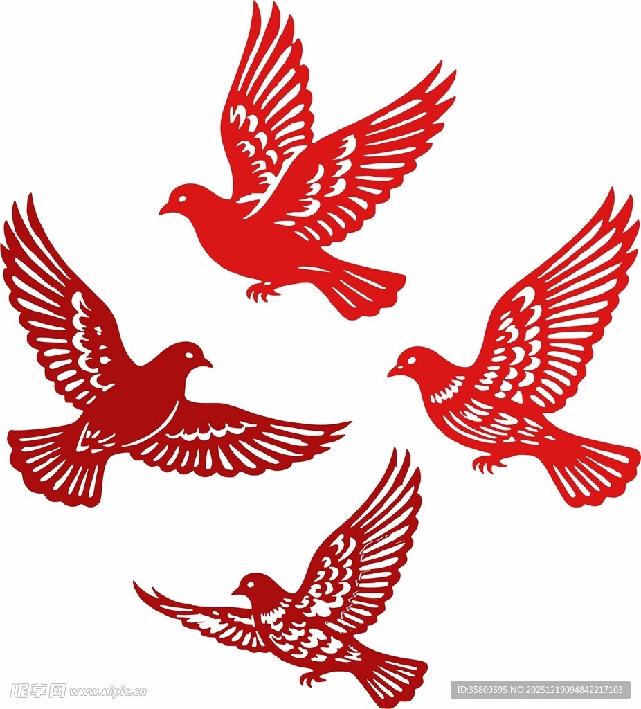 红色剪纸飞翔鸽子图案