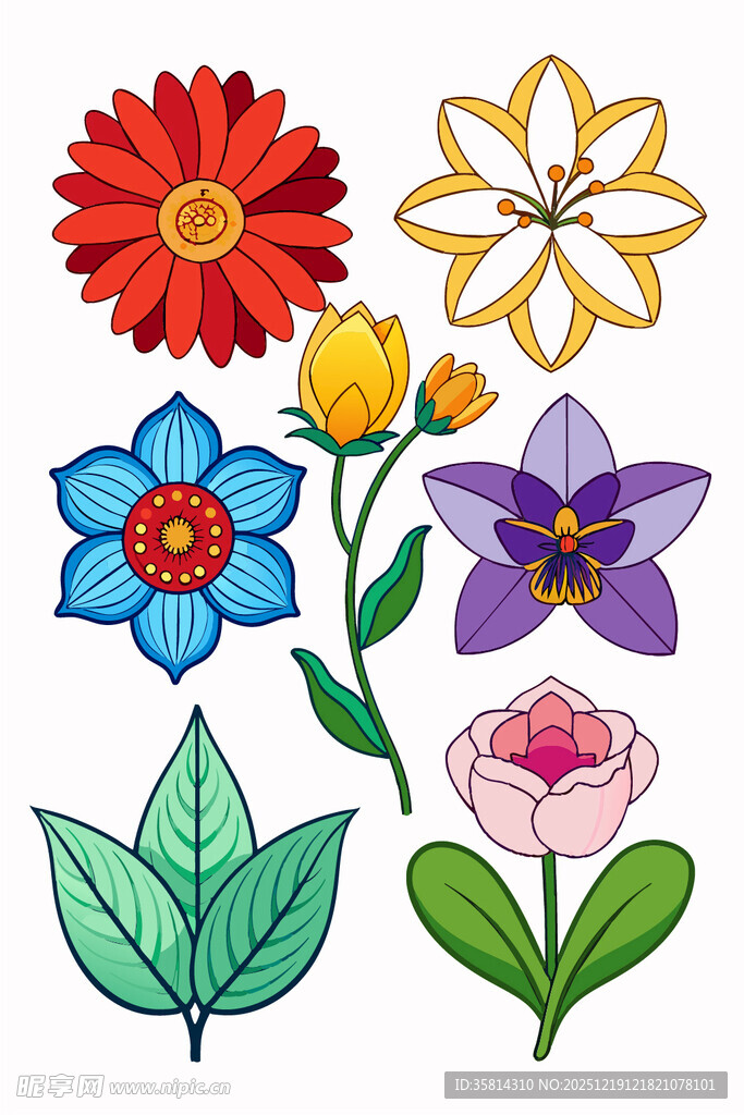 多彩手绘花卉与绿叶图案