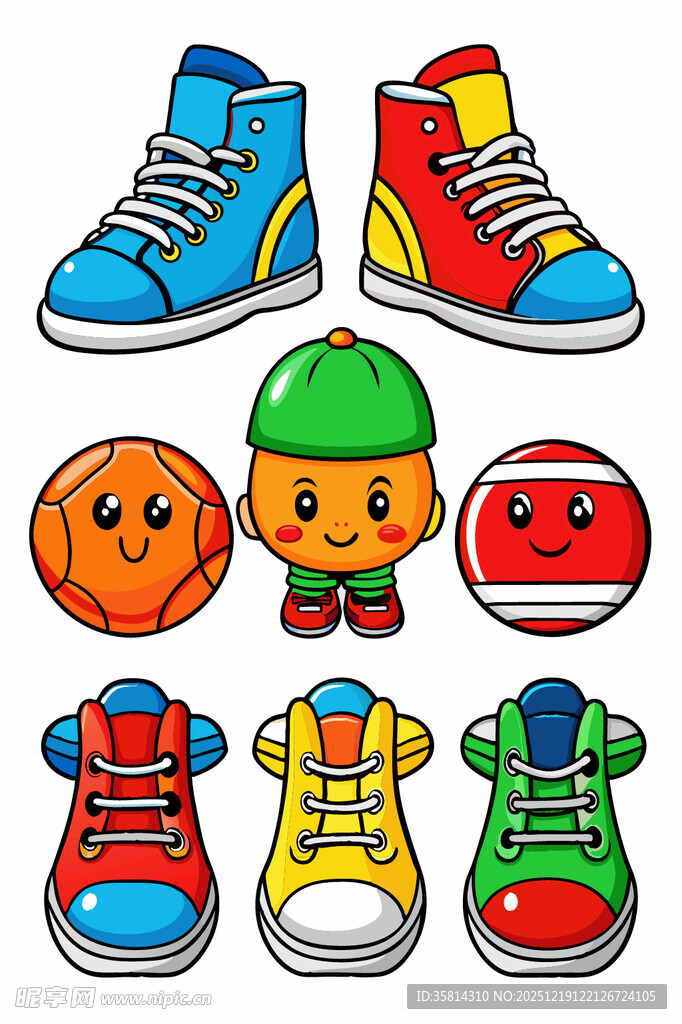 多彩卡通鞋子与球的组合