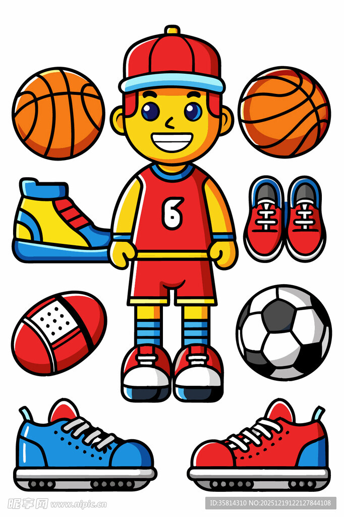 运动男孩与多样球类鞋类