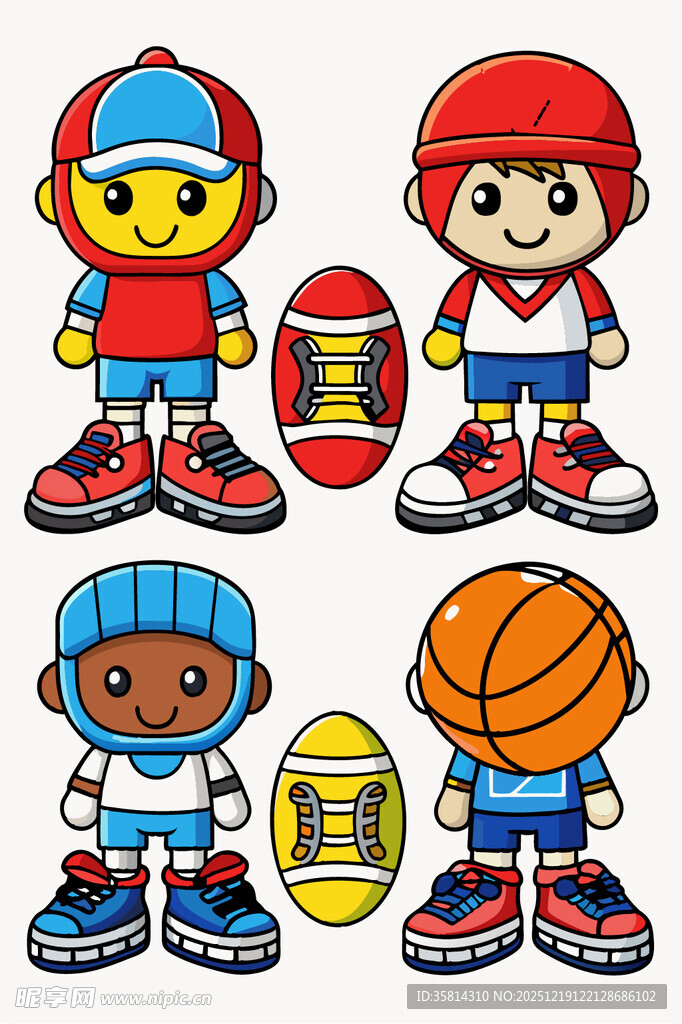 卡通运动男孩与体育用品