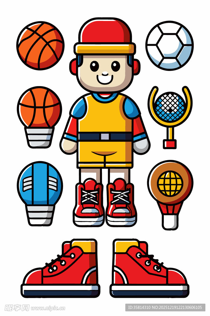 运动男孩与各类运动装备