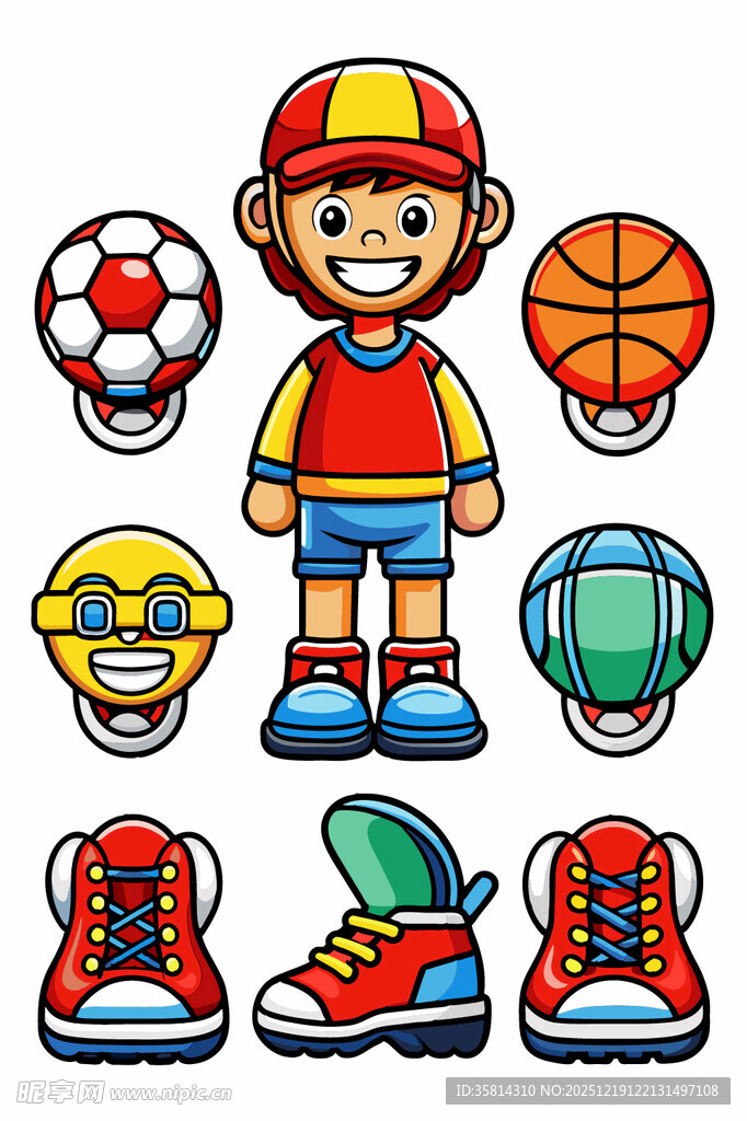 卡通男孩与多样运动装备