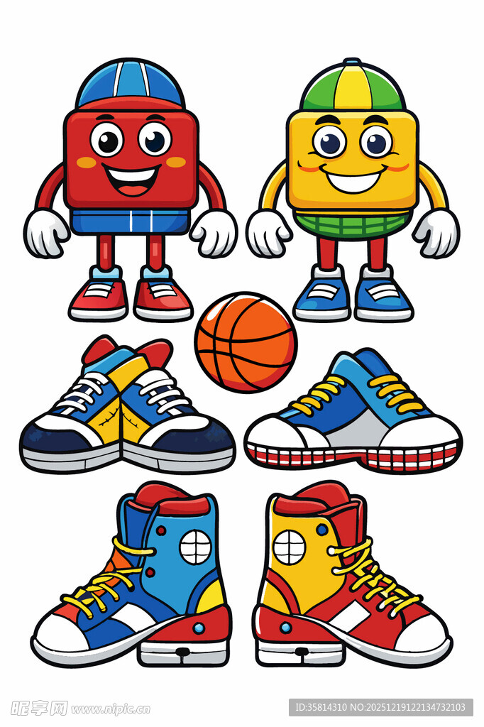 卡通角色与多彩运动鞋