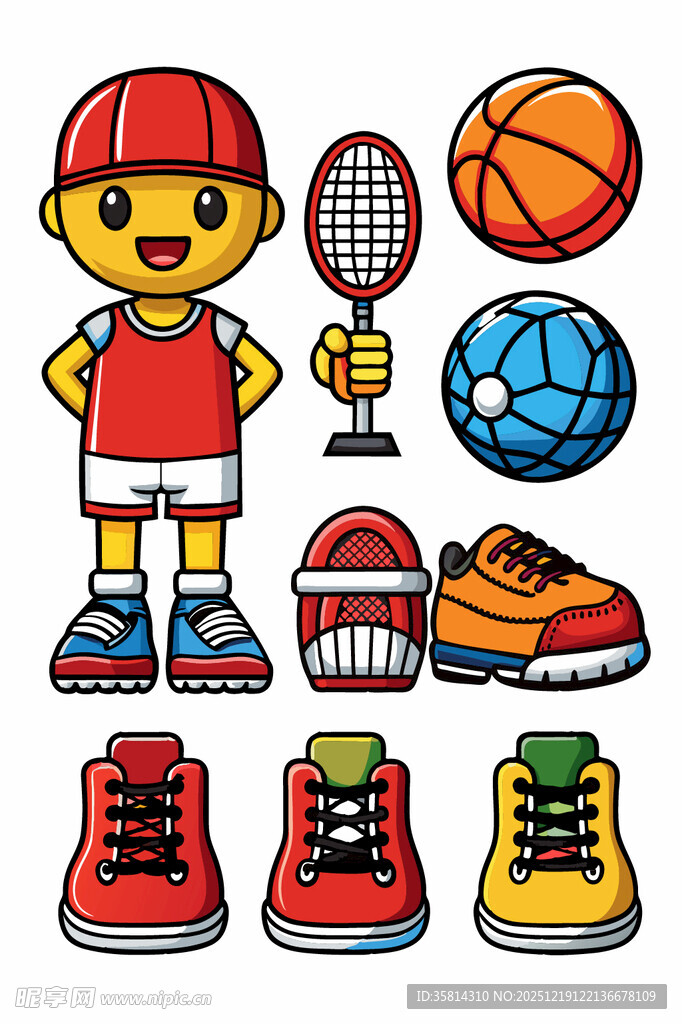 运动男孩与多样运动装备