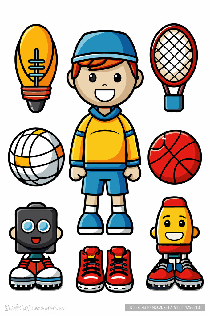 运动男孩与多样运动装备