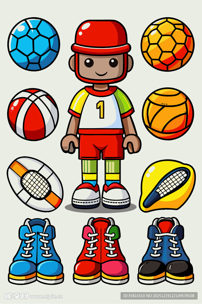 卡通运动男孩与球类装备