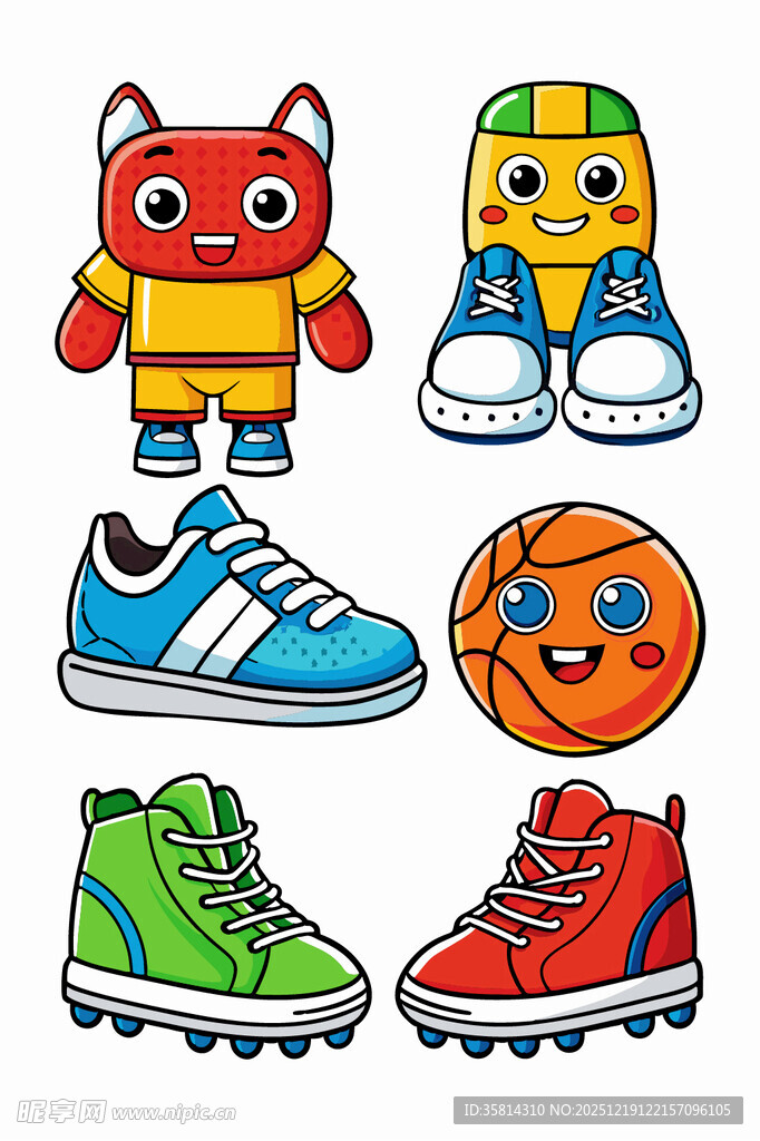 卡通玩具与多彩鞋子集合