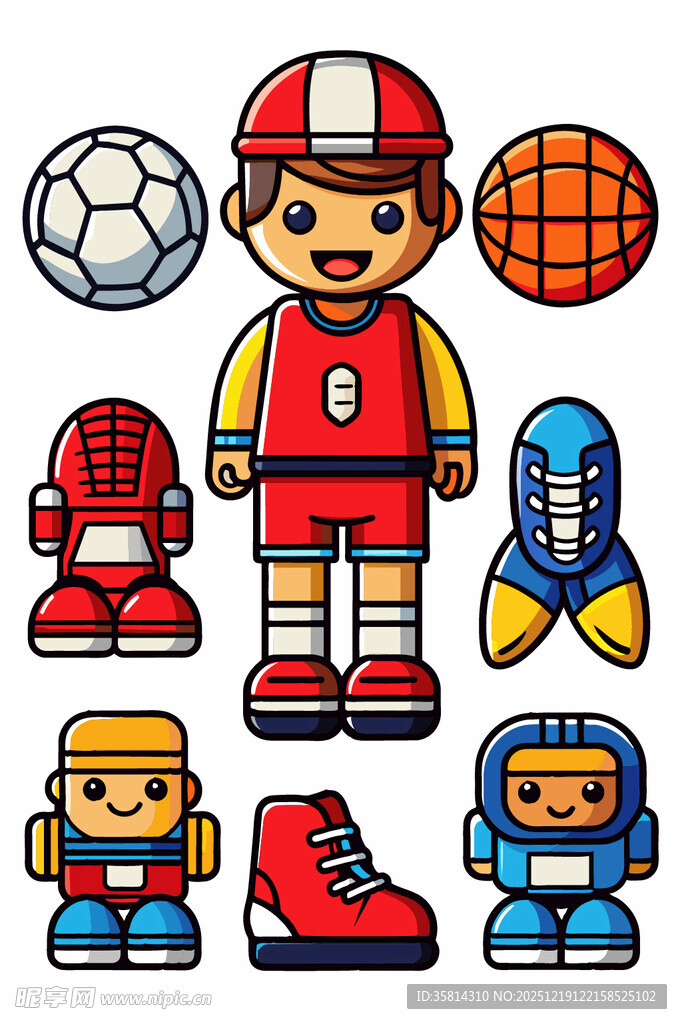 儿童运动装备与卡通运动员