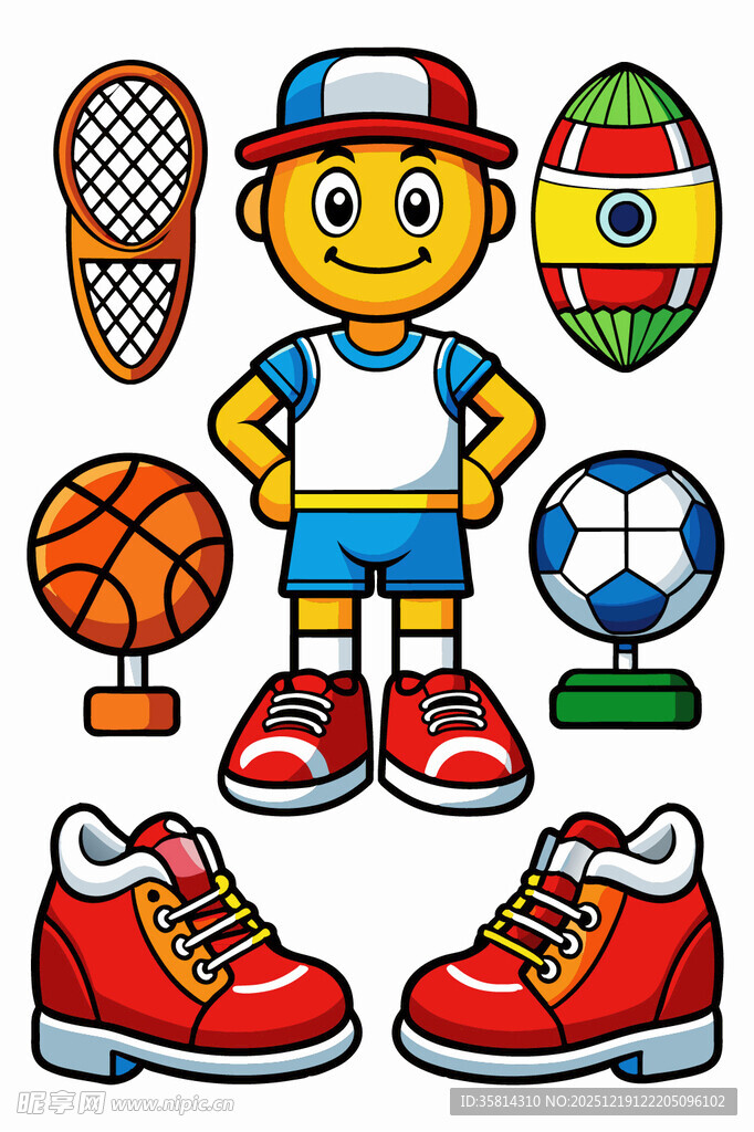 运动男孩与多样体育器材