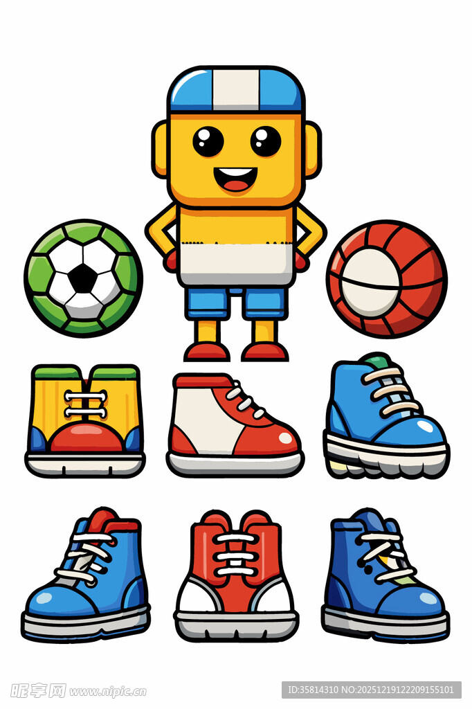 卡通机器人与多彩运动鞋