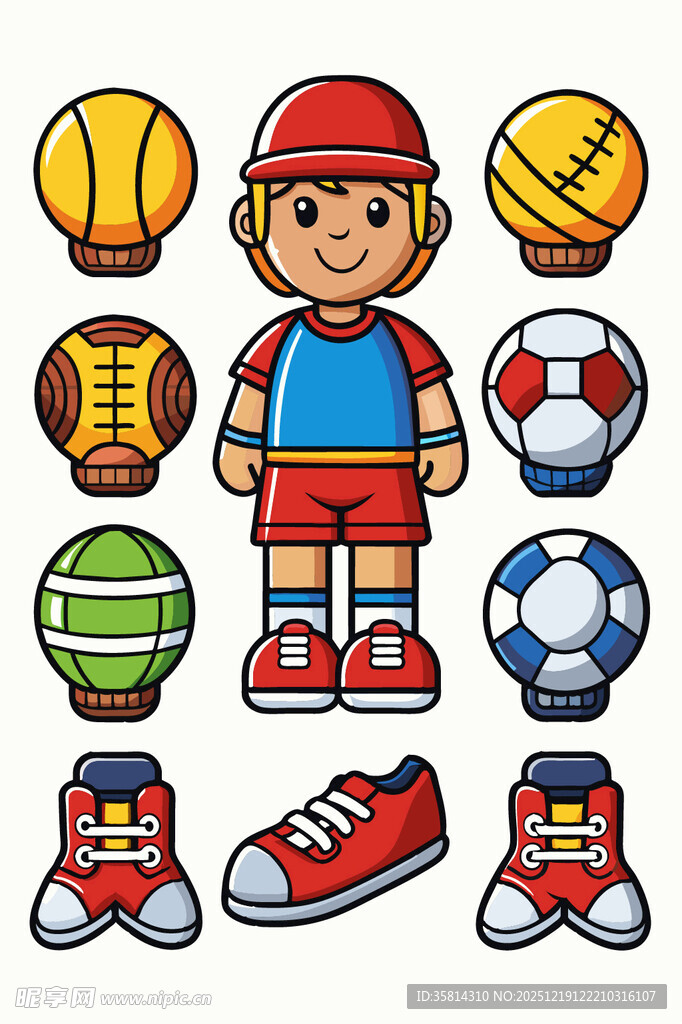 运动男孩与多样球类及鞋