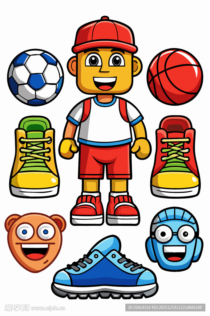 卡通男孩与多样运动装备