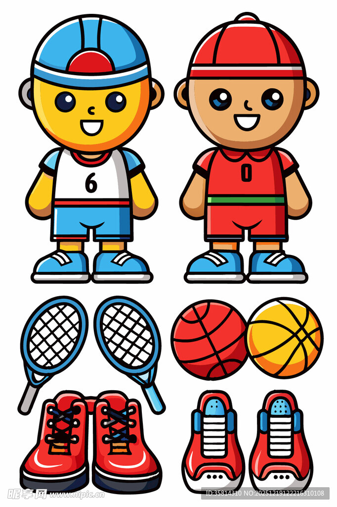 卡通运动男孩与运动装备