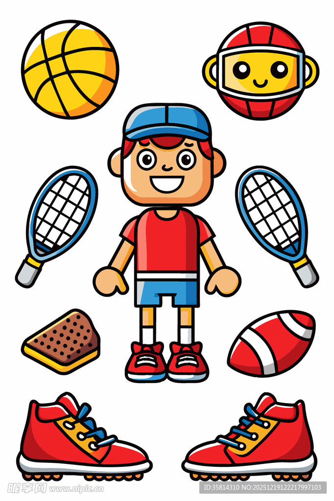 运动男孩与多样体育用品