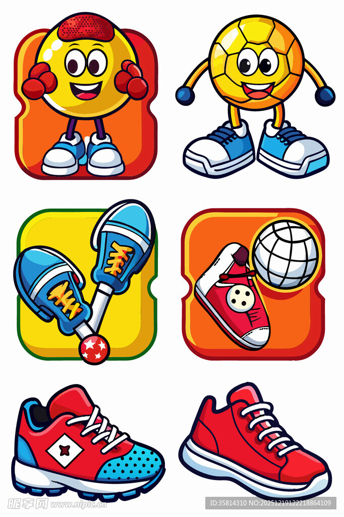 运动主题卡通图标与鞋类