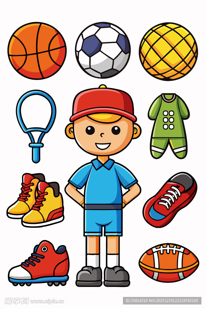 男孩与多样运动装备