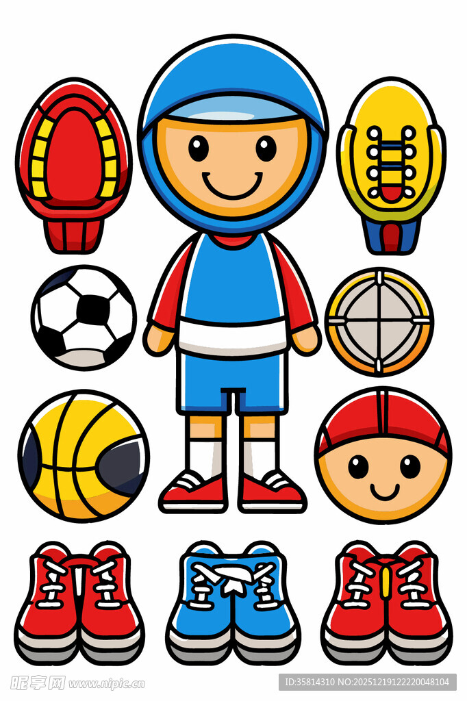 运动男孩与各类运动装备