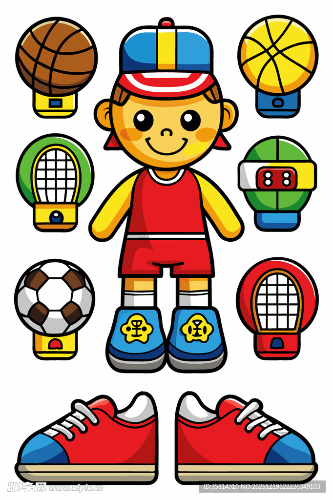 卡通男孩与多样运动装备