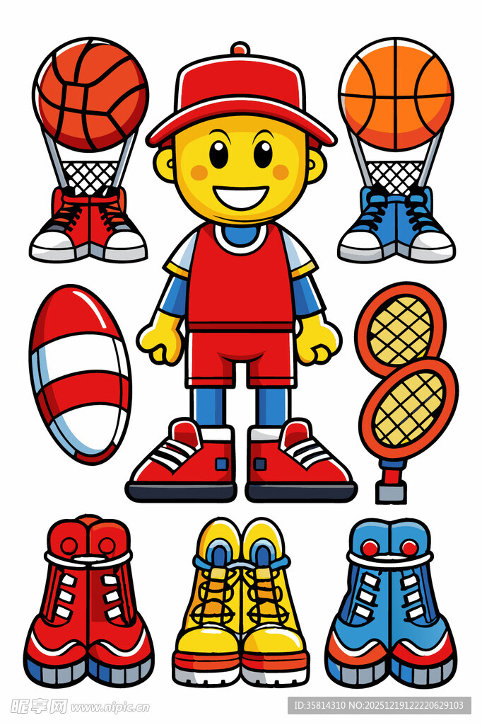 运动男孩与多样运动装备