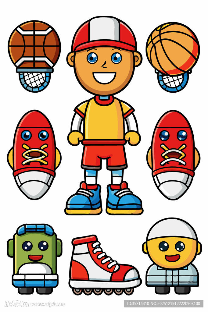 卡通运动男孩与多样装备