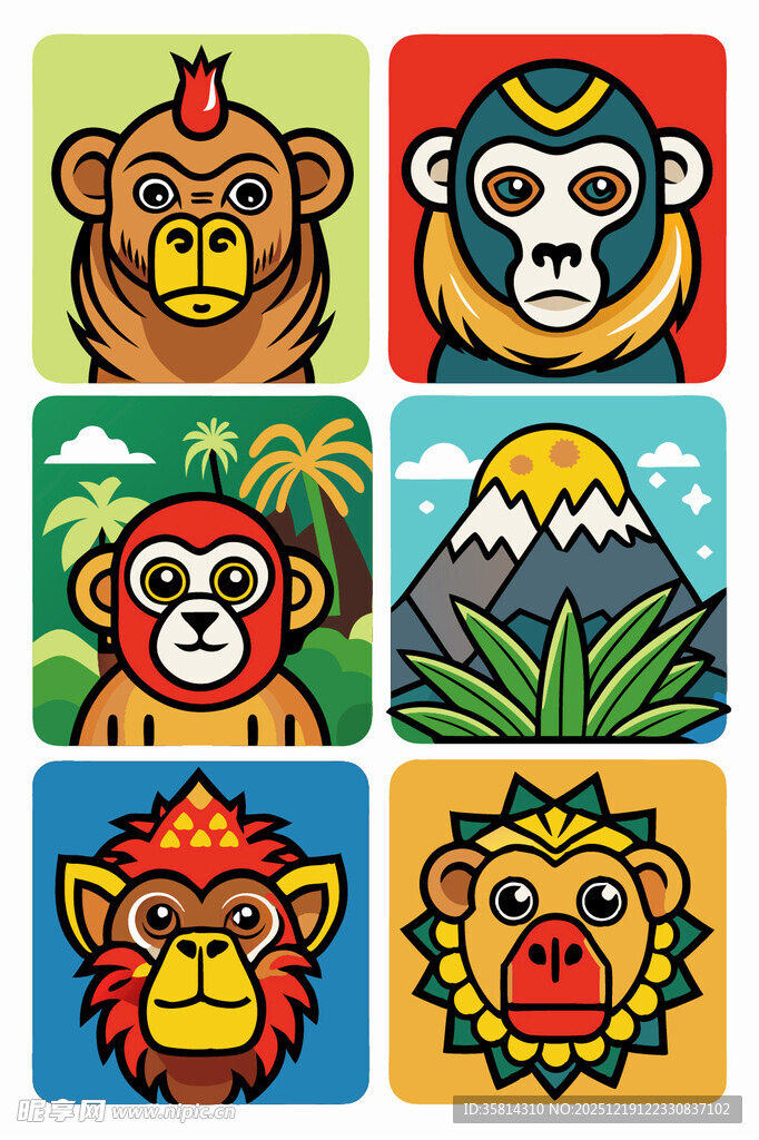 多彩猴子图案插画集合