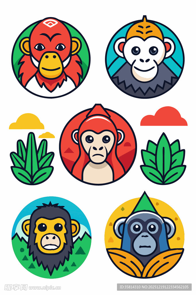 多彩猴子头像图案设计