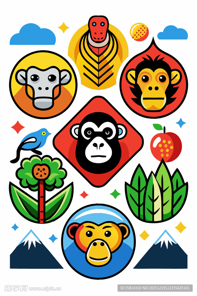 多彩猴子主题插画元素