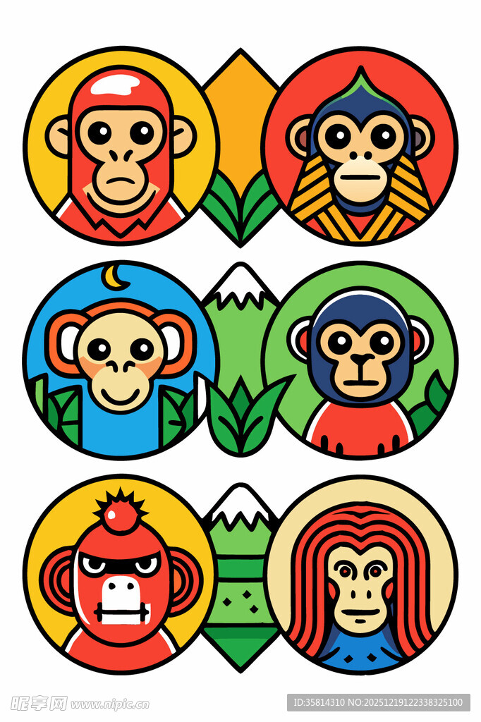 多彩猴子头像图案设计
