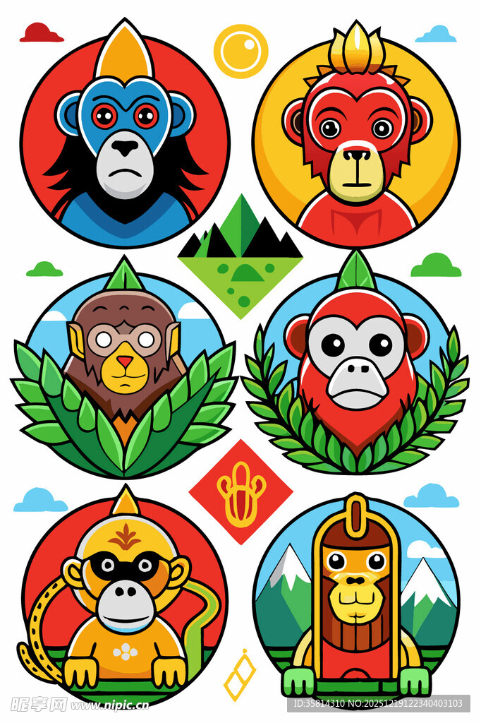 多彩猴子图案设计元素