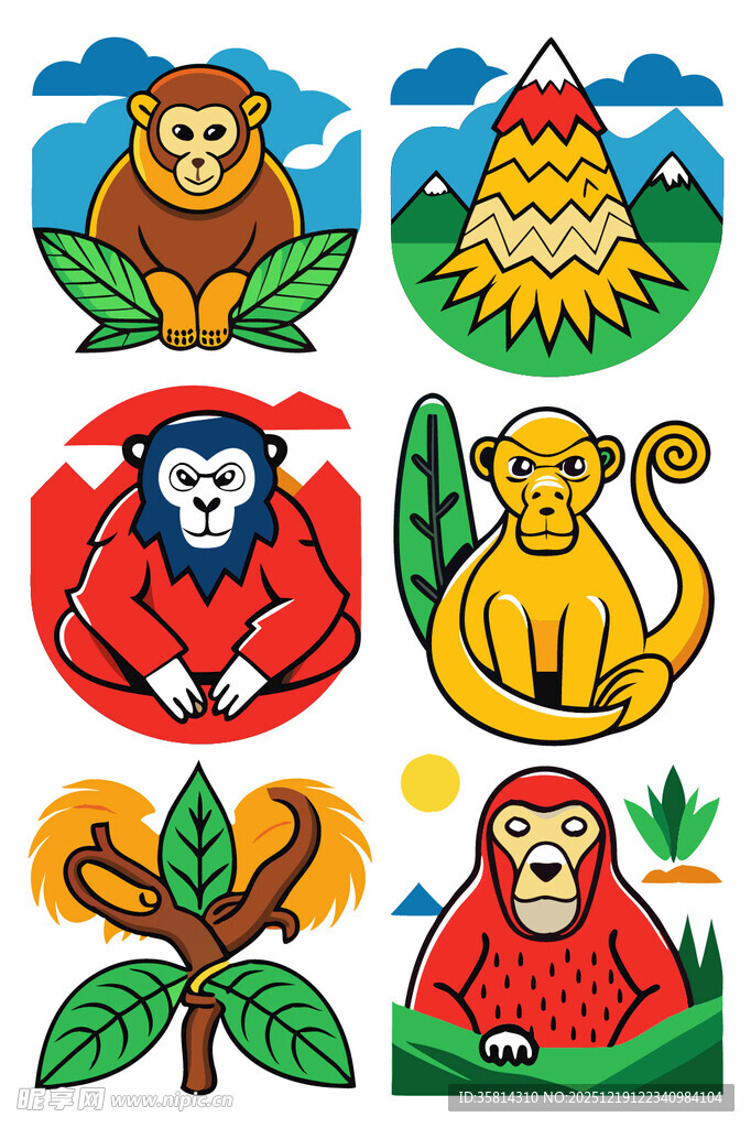 多彩猴子与自然元素插画
