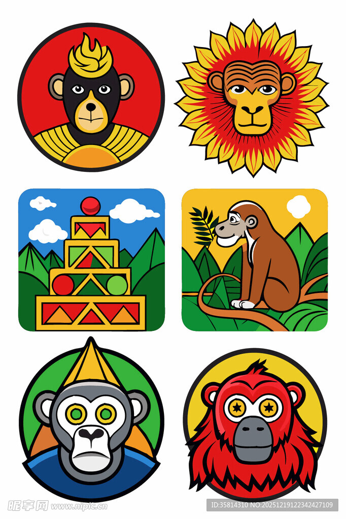 多彩猴子与动物主题图标