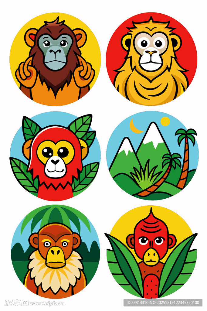 多彩猴子主题圆形图案设计