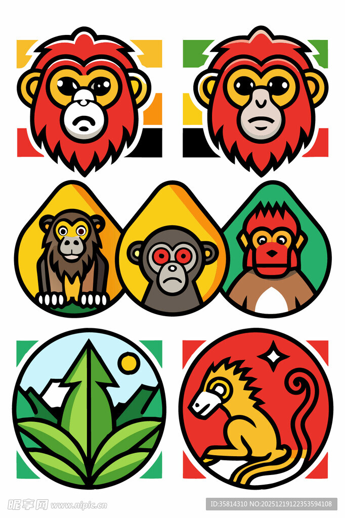 多彩猴与植物图案设计