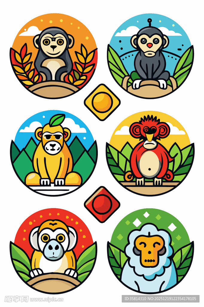 可爱动物圆形插画图案