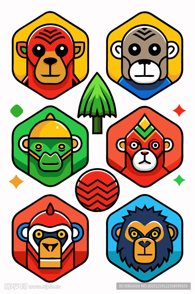多彩几何风格猴子图标集