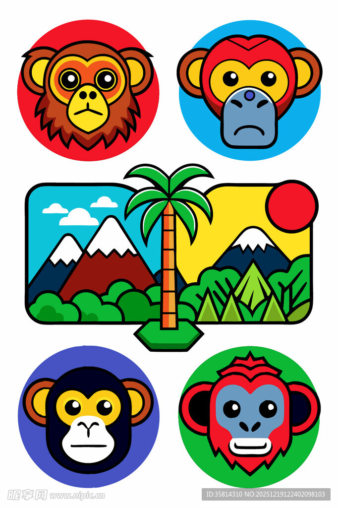 多彩猴子与风景图案集合