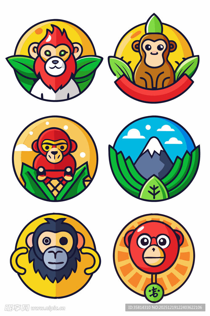 多彩猴子圆形图案设计