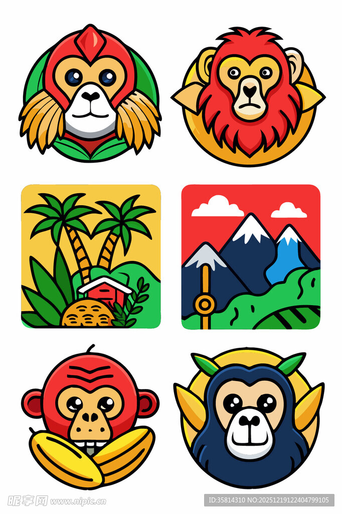 猴子主题多彩插画图标
