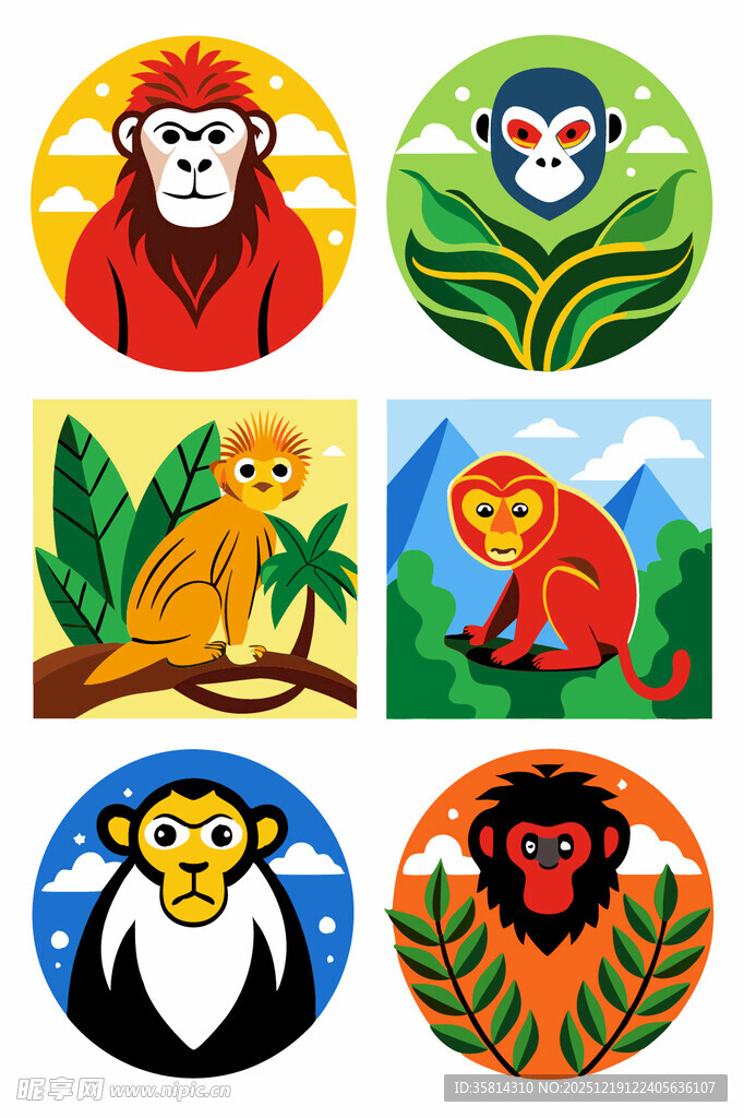 多彩猴子插画图案集合