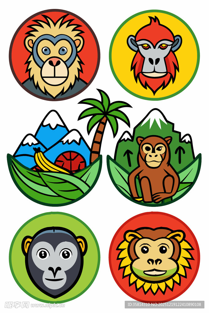 多彩猴子主题圆形图案设计