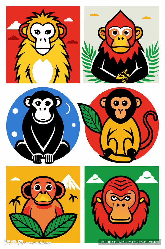 多彩猴子卡通图案集合