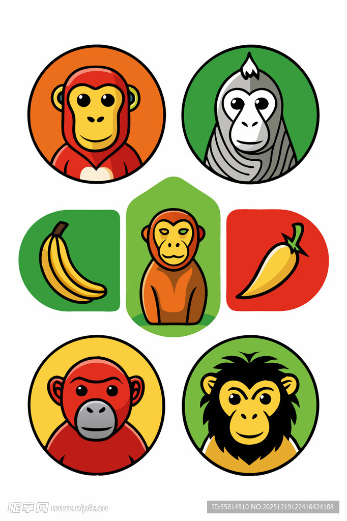 多彩猴子与蔬果图标