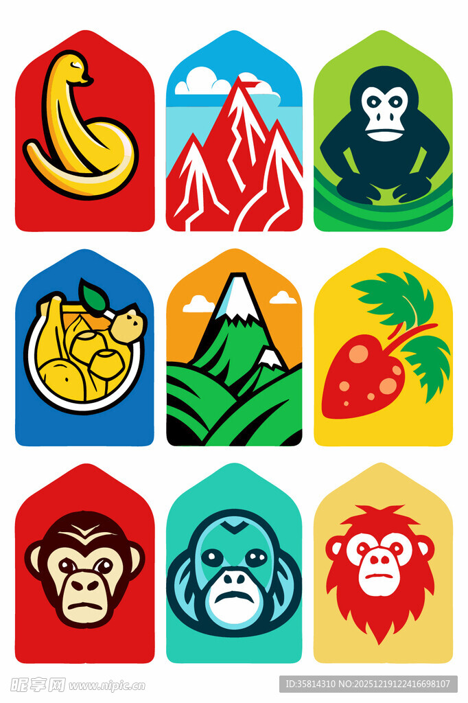 多彩猴子与水果图标集合