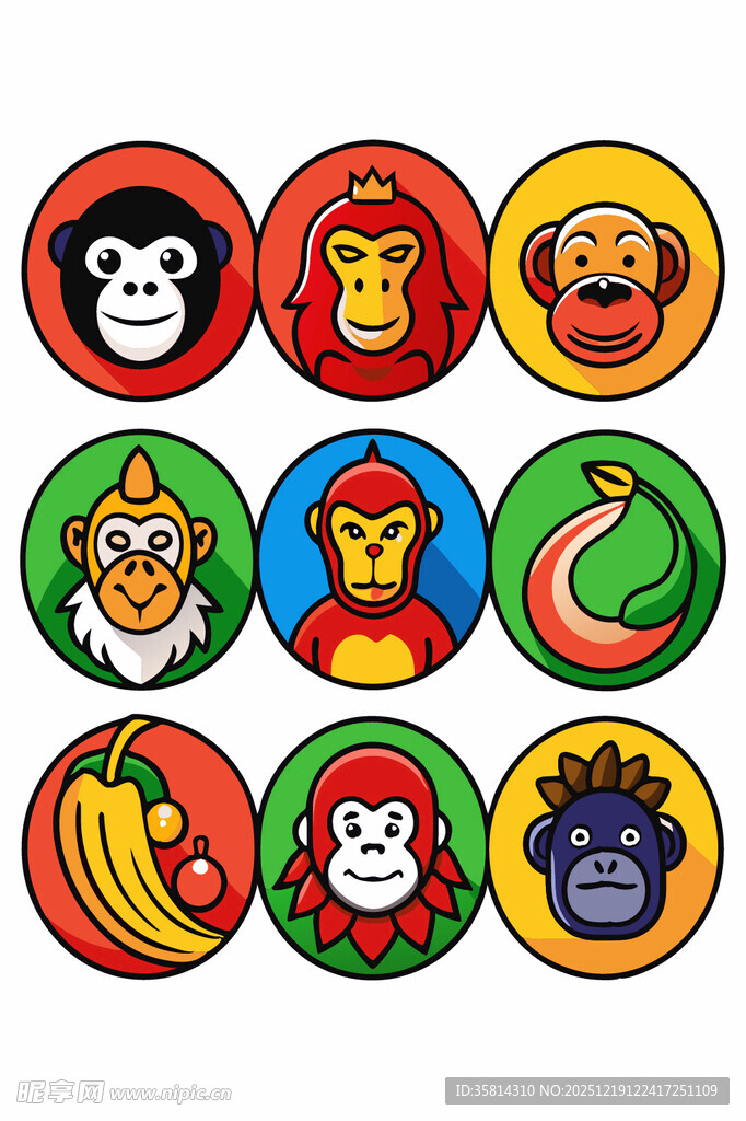 多彩猴子与水果卡通图标