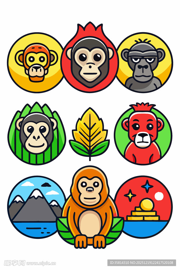 多彩猴子主题图标集合